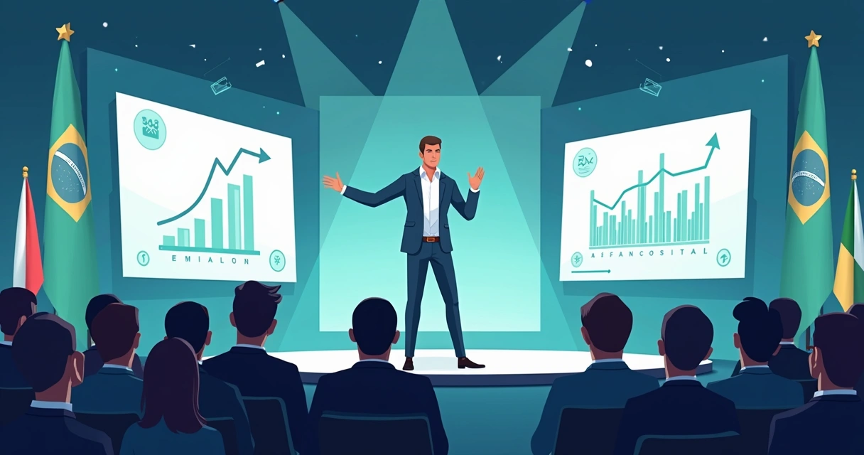 Ilustração de palestrante brasileiro em evento global de publicidade digital 