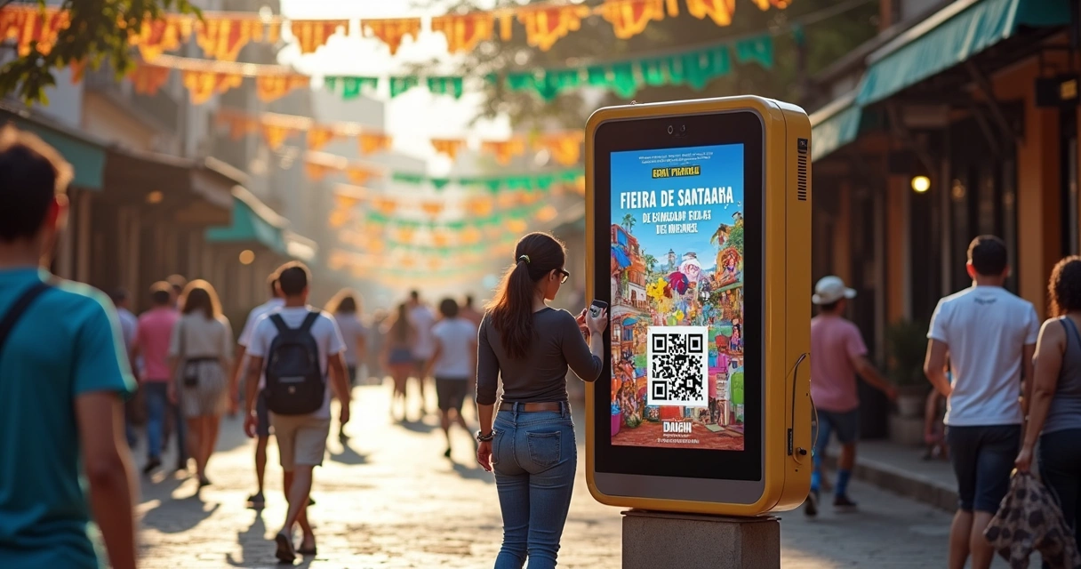 Painel de publicidade digital mostrando campanhas locais em Feira de Santana 