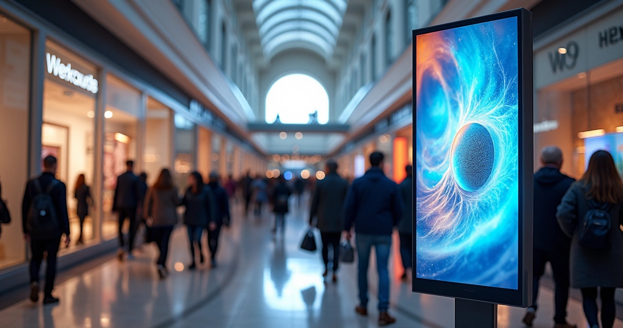 Painel digital exibindo anúncio em shopping com pessoas circulando 