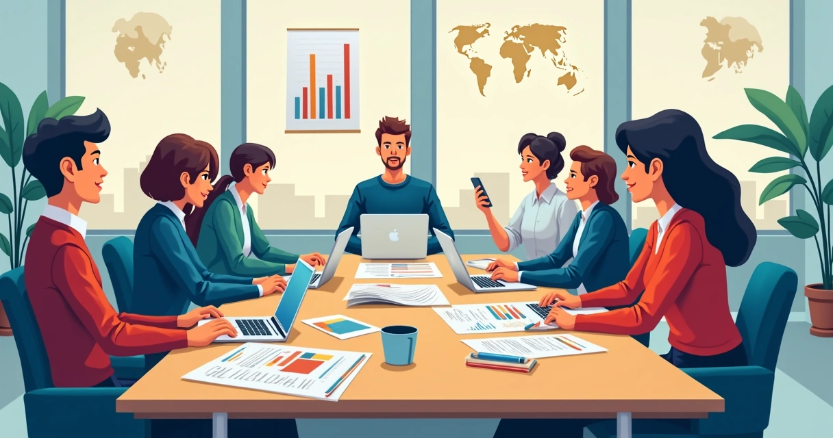 Equipe organizando materiais gráficos de campanha em uma mesa de reuniões 