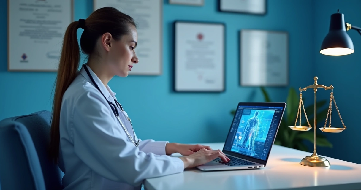 Profissional de saúde planejando anúncio digital em consultório, símbolos de ética e leis ao fundo 
