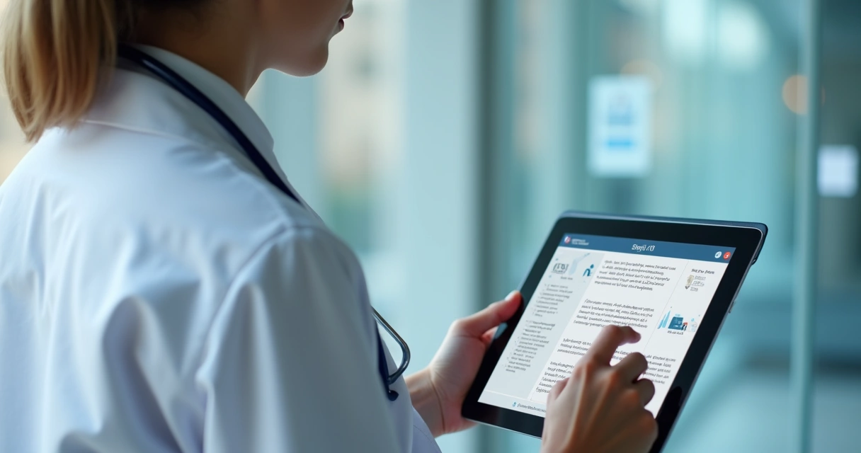 Médica analisando diretrizes do CFM em tablet 