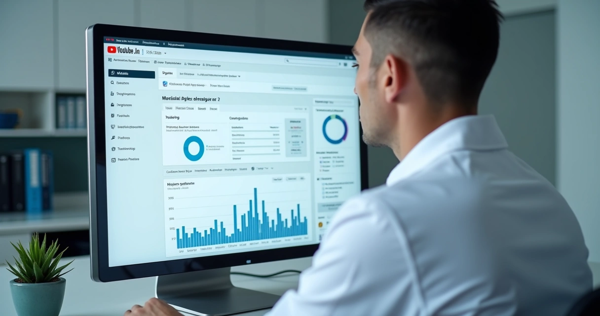 Profissional de saúde visualizando painel de estatísticas de anúncios do YouTube 