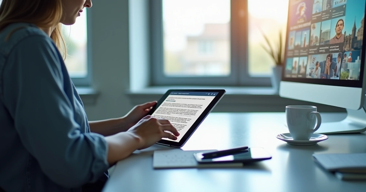 Pessoa navegando em tablet com um artigo digital e anúncios nativos integrados ao texto