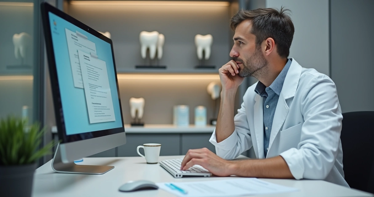 Dentista ao computador revisando anúncio digital, legislação impressa sobre a mesa 