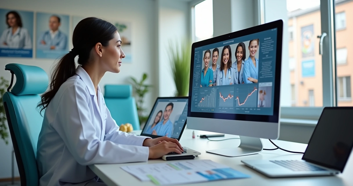 Gestora analisando anúncios digitais em clínica médica 