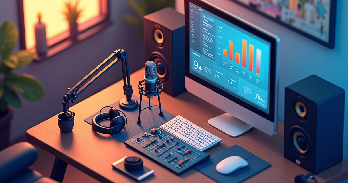 Equipamentos de áudio e microfone em estúdio de podcast 