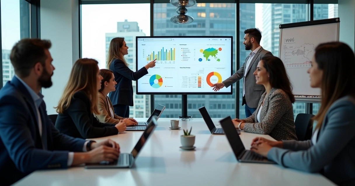 Reunião empresarial em agência de publicidade, com telas exibindo gráficos e resultados de campanhas 