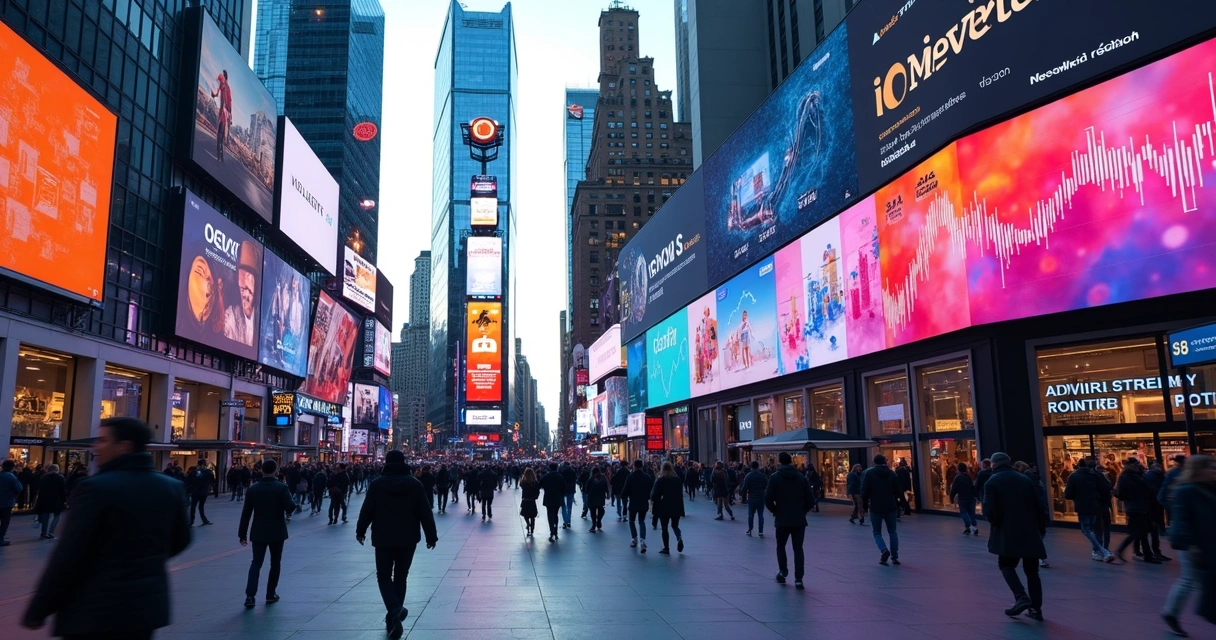 Tela mostrando painel digital com gráficos de publicidade programática em ambiente urbano com pessoas e displays digitais 