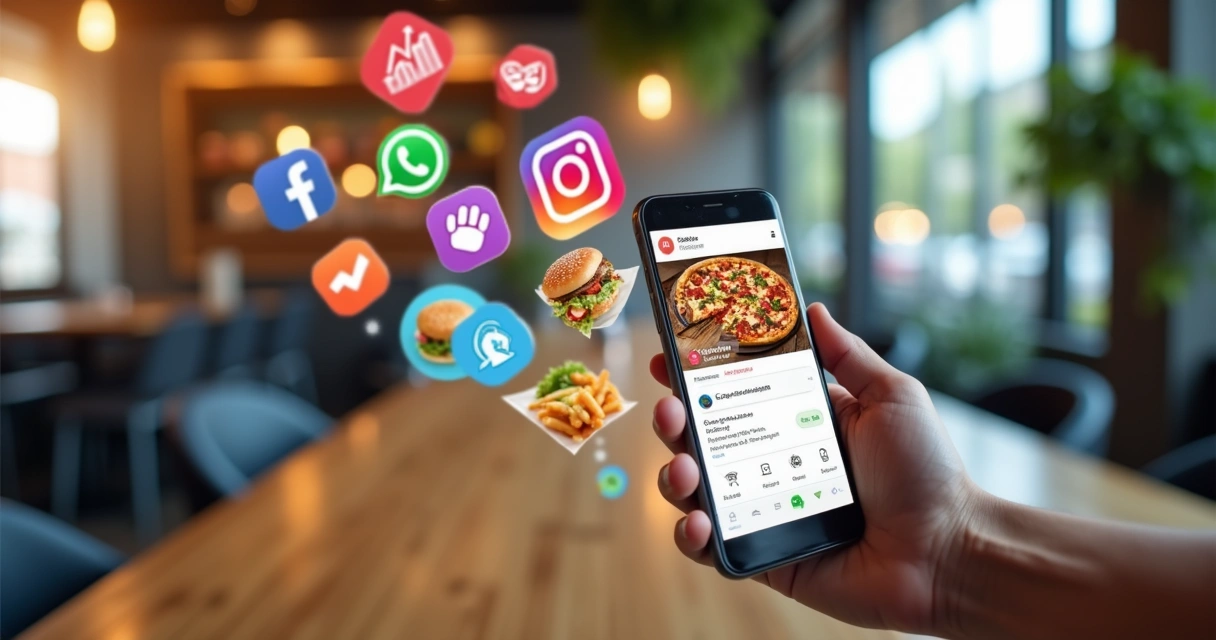 Celular exibindo aplicativo de delivery com gráficos de crescimento e fundos coloridos com ícones de redes sociais e comida 