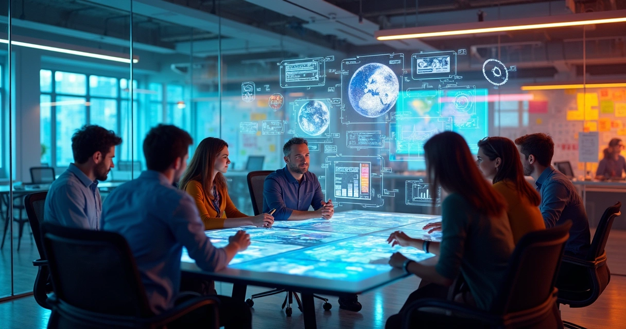 Equipe de publicitários discutindo ideias com hologramas de IA 