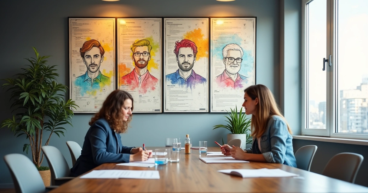 Detalhe de personas B2B mapeadas em painéis coloridos 