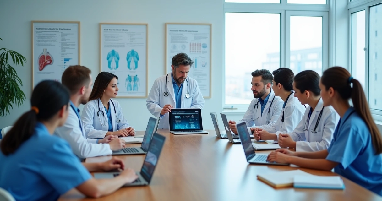 Equipe de médicos analisando gráficos em uma clínica 