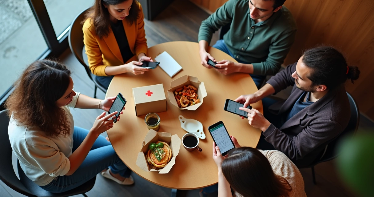 Grupo de pessoas diferentes usando smartphone na mesa, olhando para tela de um restaurante digital. 