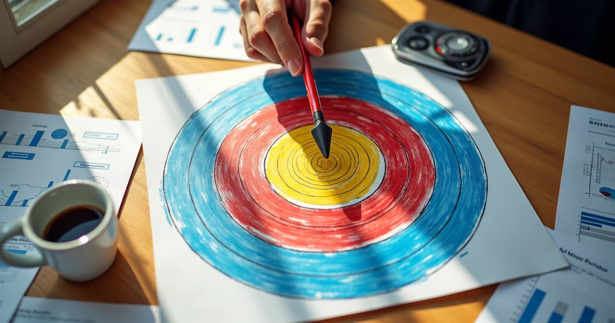 Alvo em um quadro com círculos coloridos sobre mesa com papéis