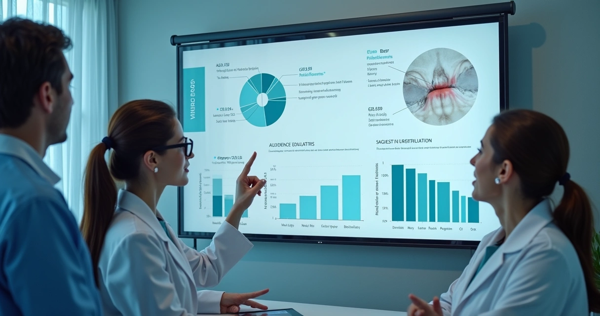 Dentista apontando para quadro mostrando segmentação de público para implante dentário 