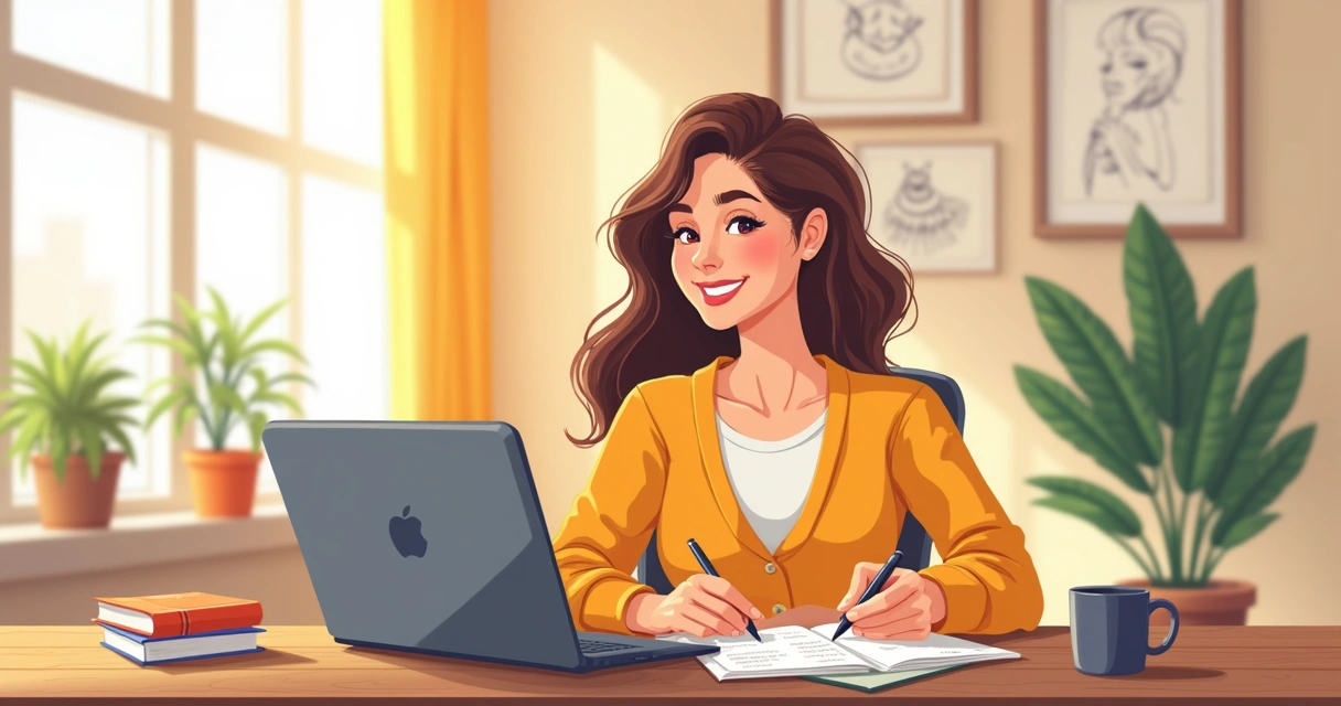 Mulher adulta sorrindo sentada com notebook, anotando ideias de nomes