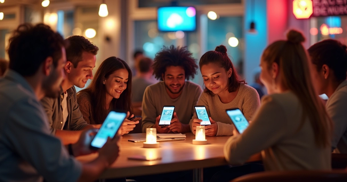 Grupo diverso de pessoas usando celulares e interagindo em uma rede social. 