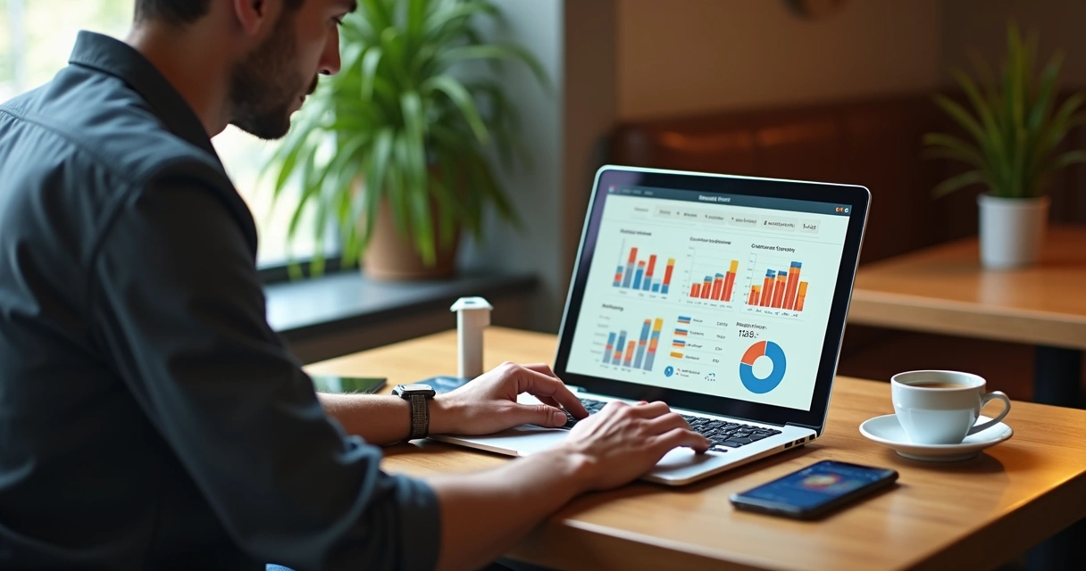 Empresário de restaurante analisando gráficos de público-alvo no computador 