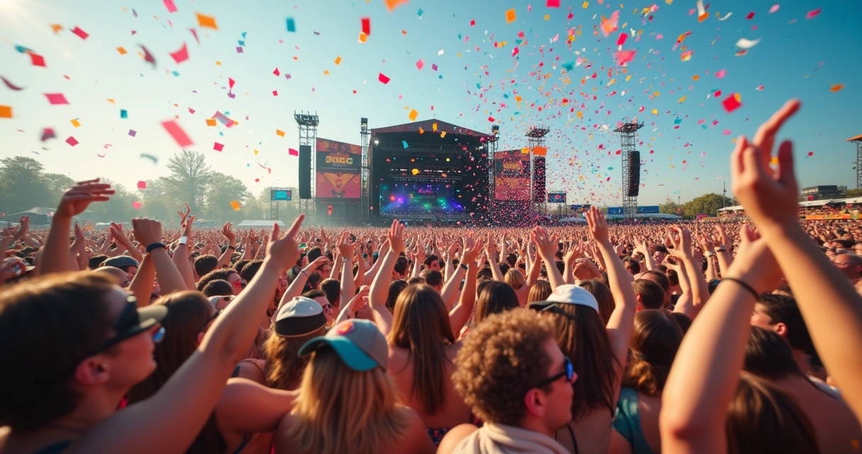 Pessoas animadas participando de um evento turístico com cartazes e adereços coloridos 