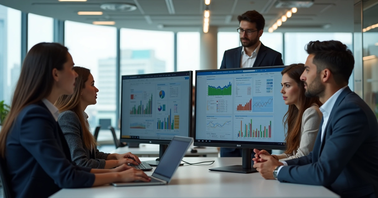 Grupo de pessoas olhando para telas de computadores mostrando anúncios digitais 