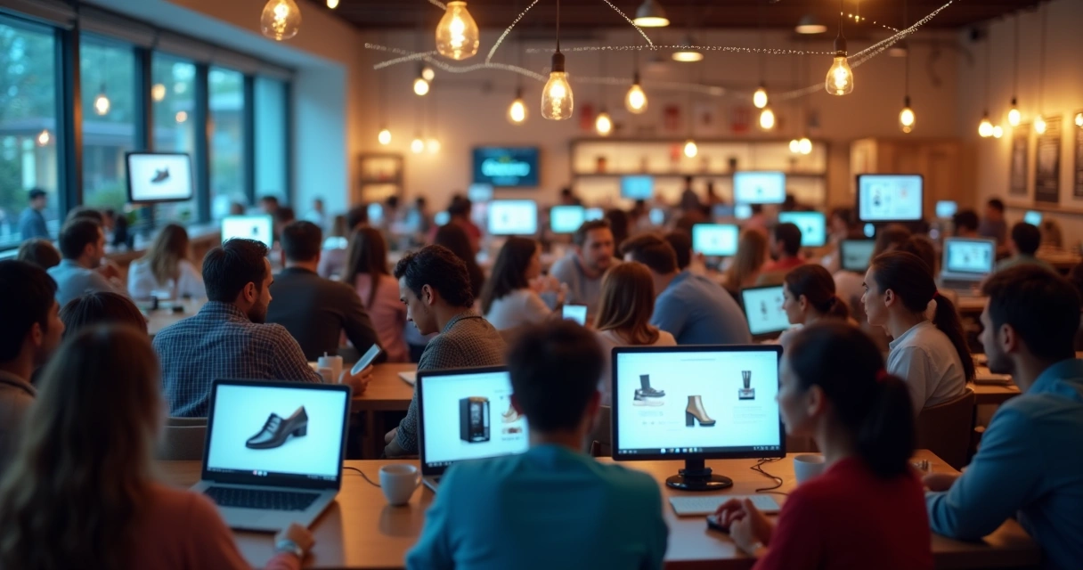 Montagem de pessoas interagindo com computadores exibindo anúncios de produtos 