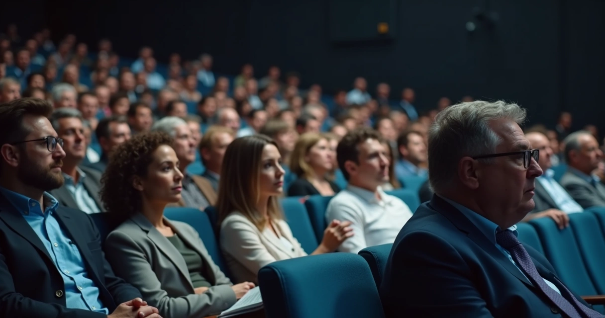 Plateia observando um debate com atenção e expressões variadas