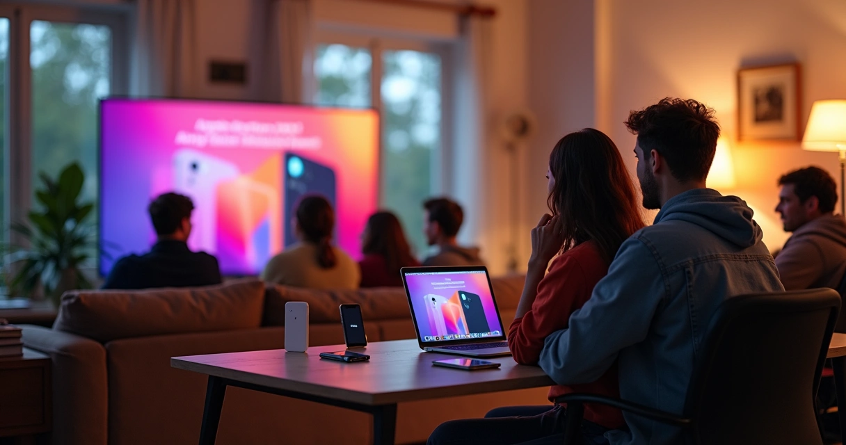 Pessoas assistindo ao evento da Apple em casa e no trabalho