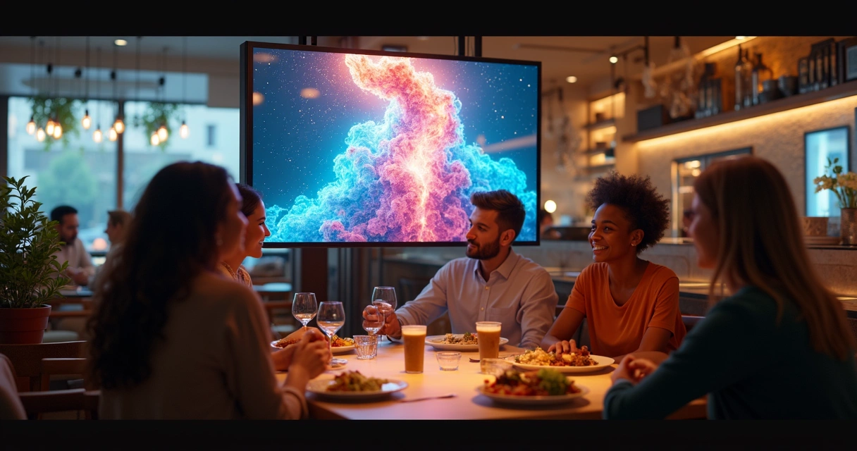 Grupo de pessoas em restaurante prestando atenção a anúncio em tela digital. 