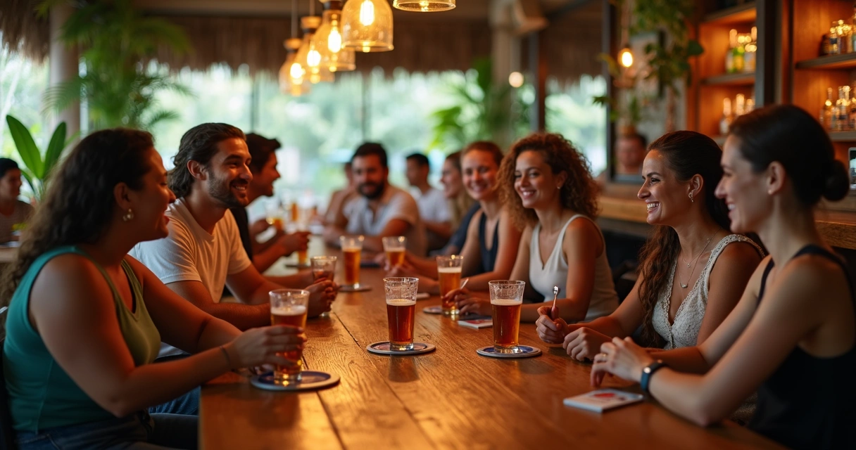 Pessoas em um bar de Manaus, sentado em mesas, interagindo com porta-copos personalizados da marca 