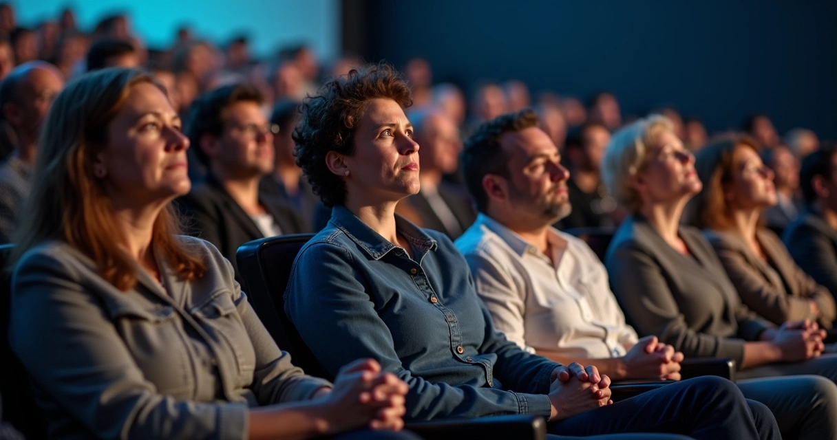 Grupo diverso de pessoas assistindo campanha social emocionadas