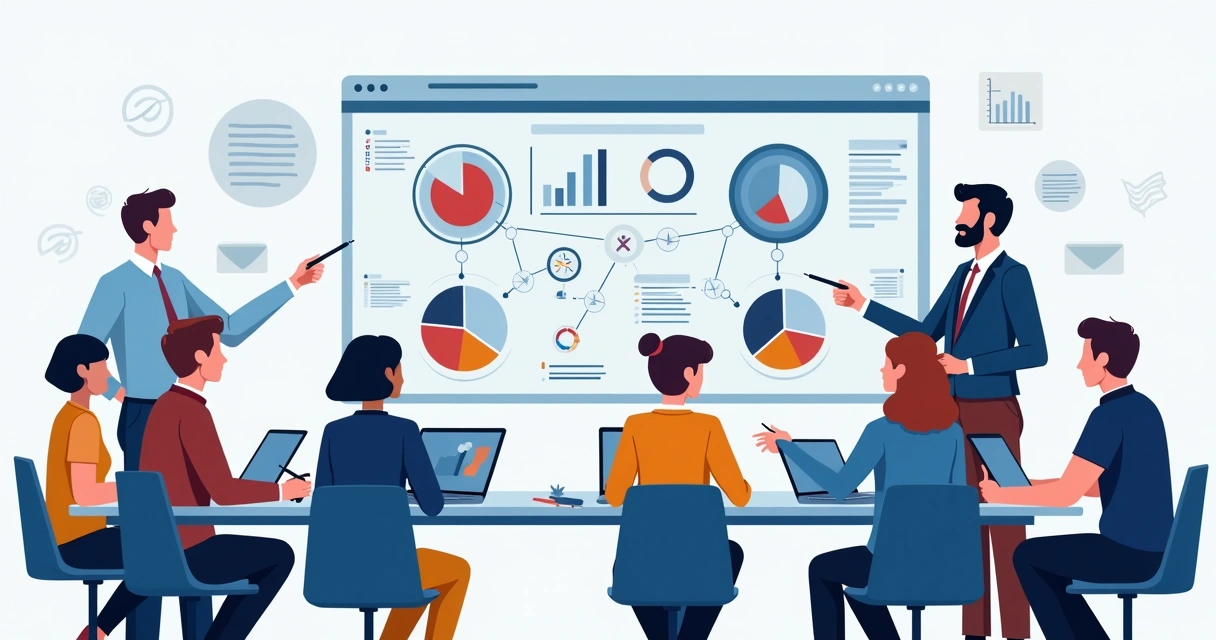 Time reunido analisando dados de público em telas digitais 