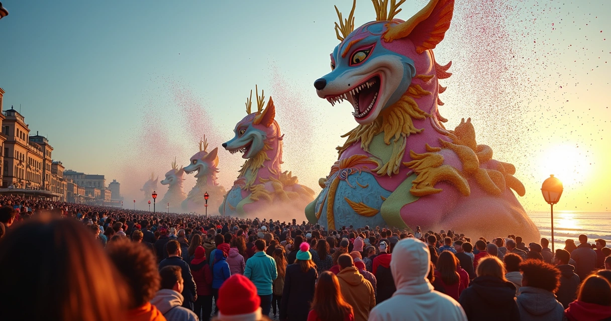 Público fantasiado assistindo aos desfiles na orla de Viareggio 