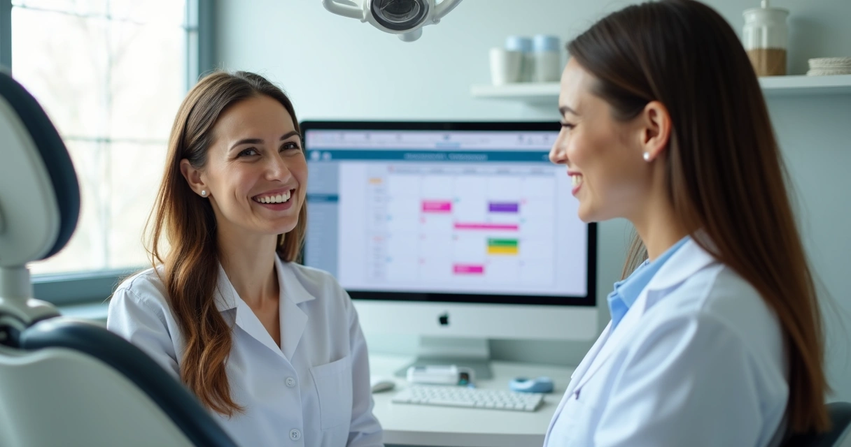 Dentista conversa com paciente mulher em consultório, sorrindo, enquanto computador exibe agenda digital ao fundo 