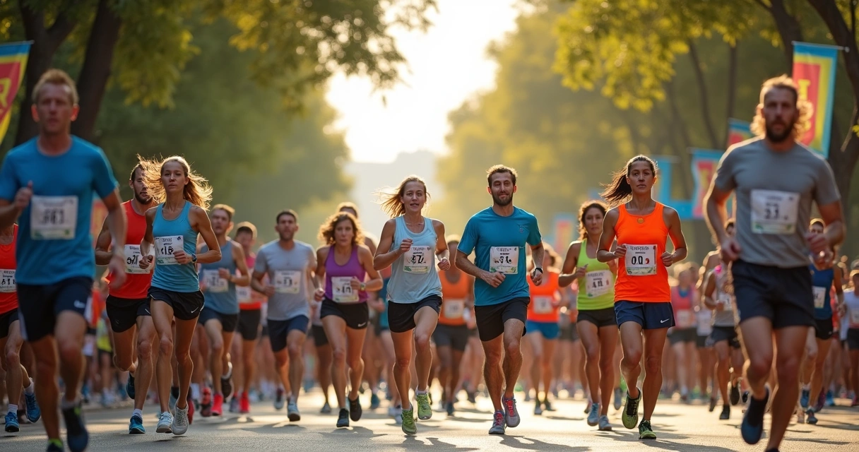 Grupo diverso de pessoas reunidas antes de corrida de rua, todas com roupas esportivas 