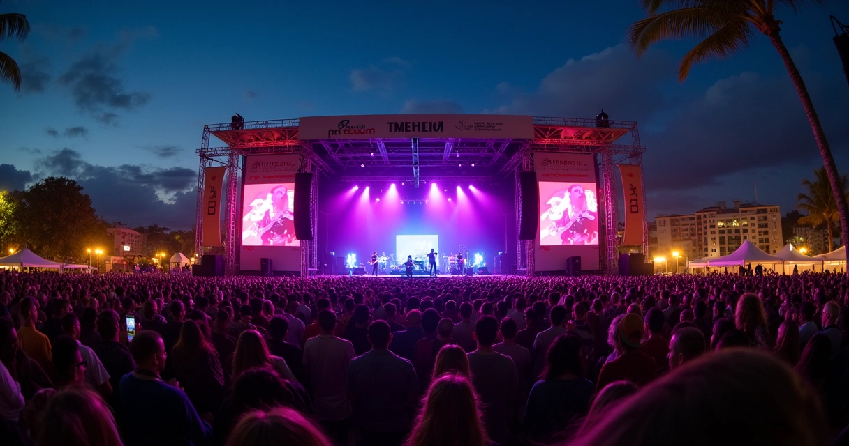 Palco iluminado em evento na Bahia com público diverso vibrando diante de várias atrações musicais 