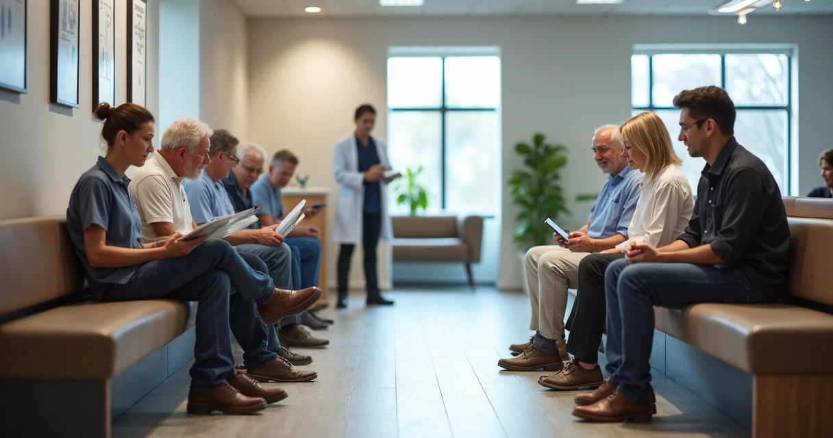 Diversos perfis de pacientes esperando em clínica médica 