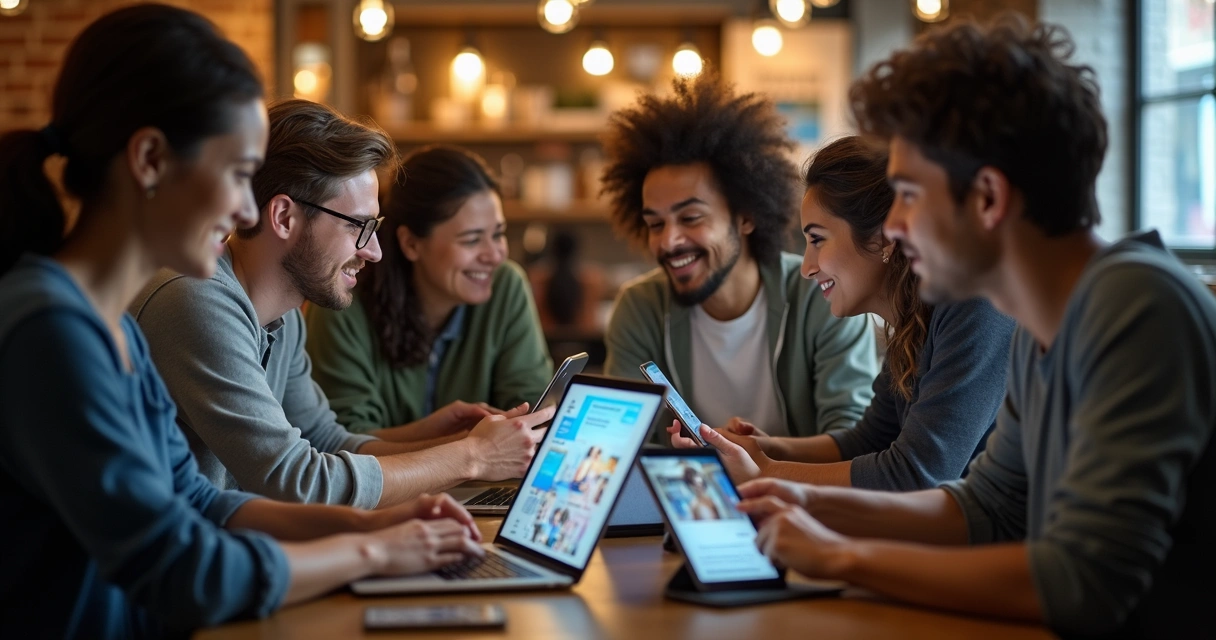 Diversos grupos de pessoas atentos a diferentes histórias em telas
