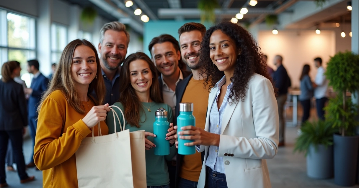 Pessoas de diferentes perfis recebendo brindes personalizados em evento 