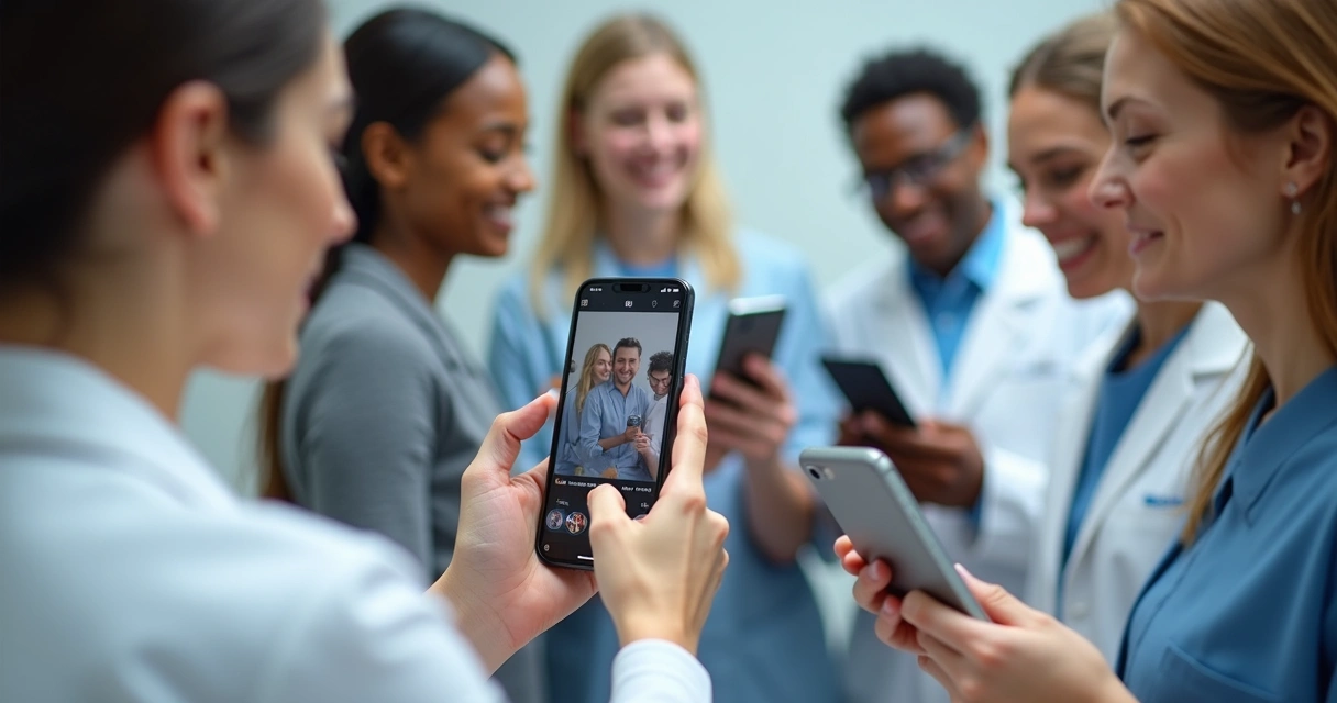 Montagem com pessoas de diferentes idades usando o Instagram em hospitais e consultórios 