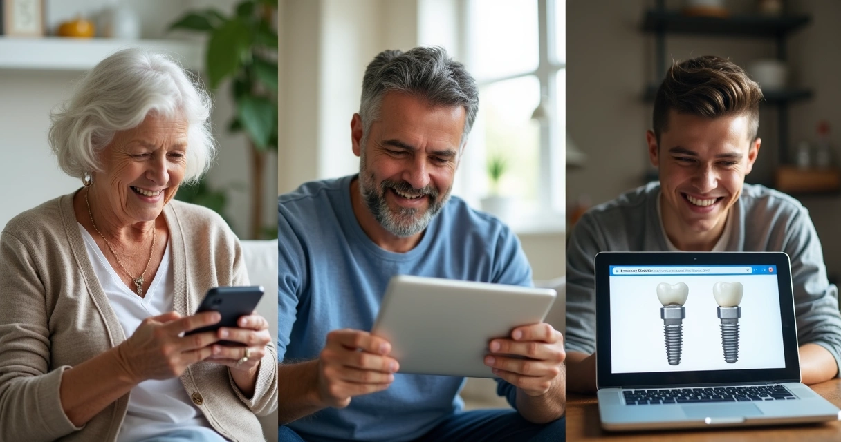 Pessoas de diferentes idades pesquisando implantes dentários em smartphones 