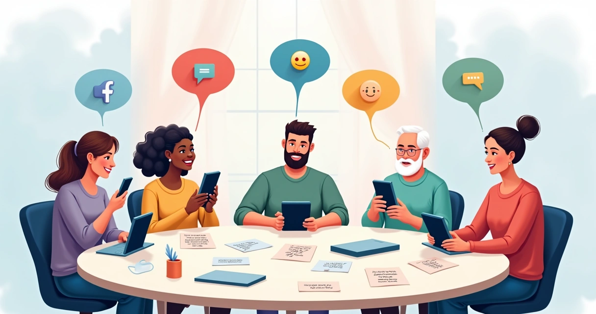 Grupo diverso analisando redes sociais, com dispositivos digitais e esboços sobre interesses. 