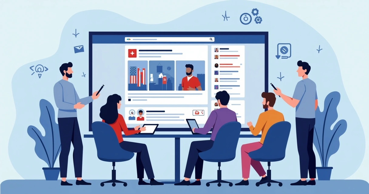Cena com pessoas de diferentes idades reunidas ao redor de um computador, visualizando conteúdo eleitoral sindical em uma tela com gráficos e ferramentas digitais, em ambiente azul