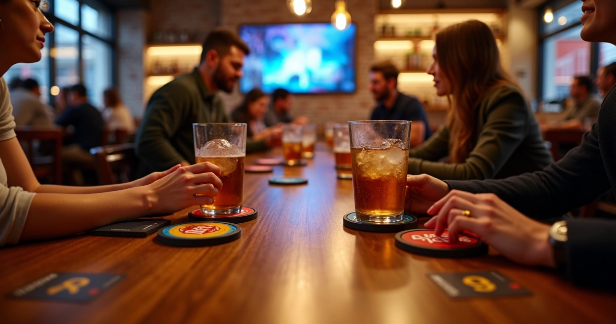 Consumidores conversando em bar com anúncio em porta-copos e tela digital na parede 