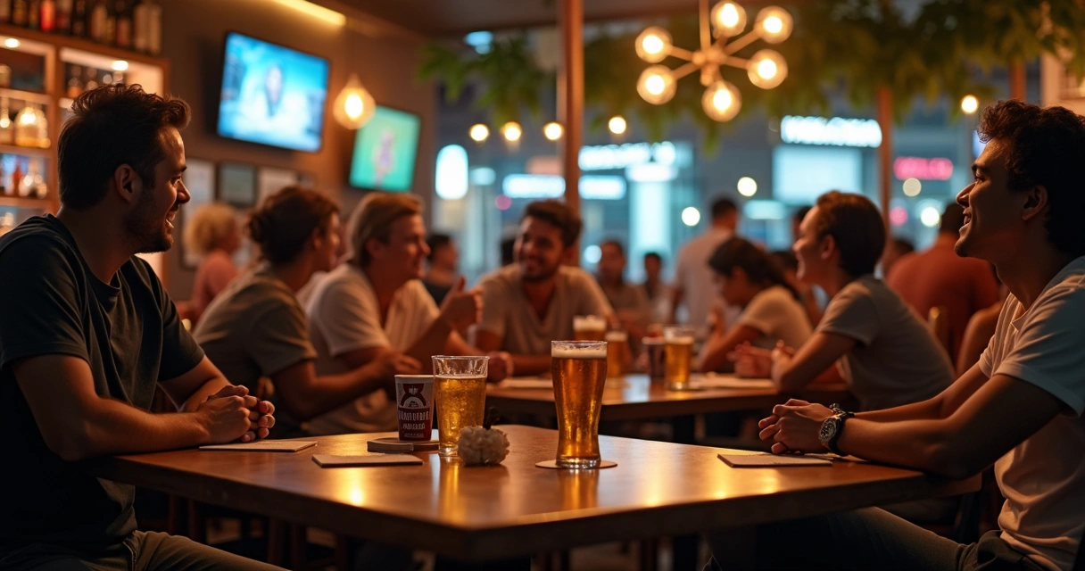 Pessoas em mesa de restaurante com porta-copos de marca 