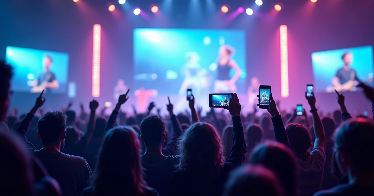 Multidão assistindo a telões e usando smartphones para gravar cortes
