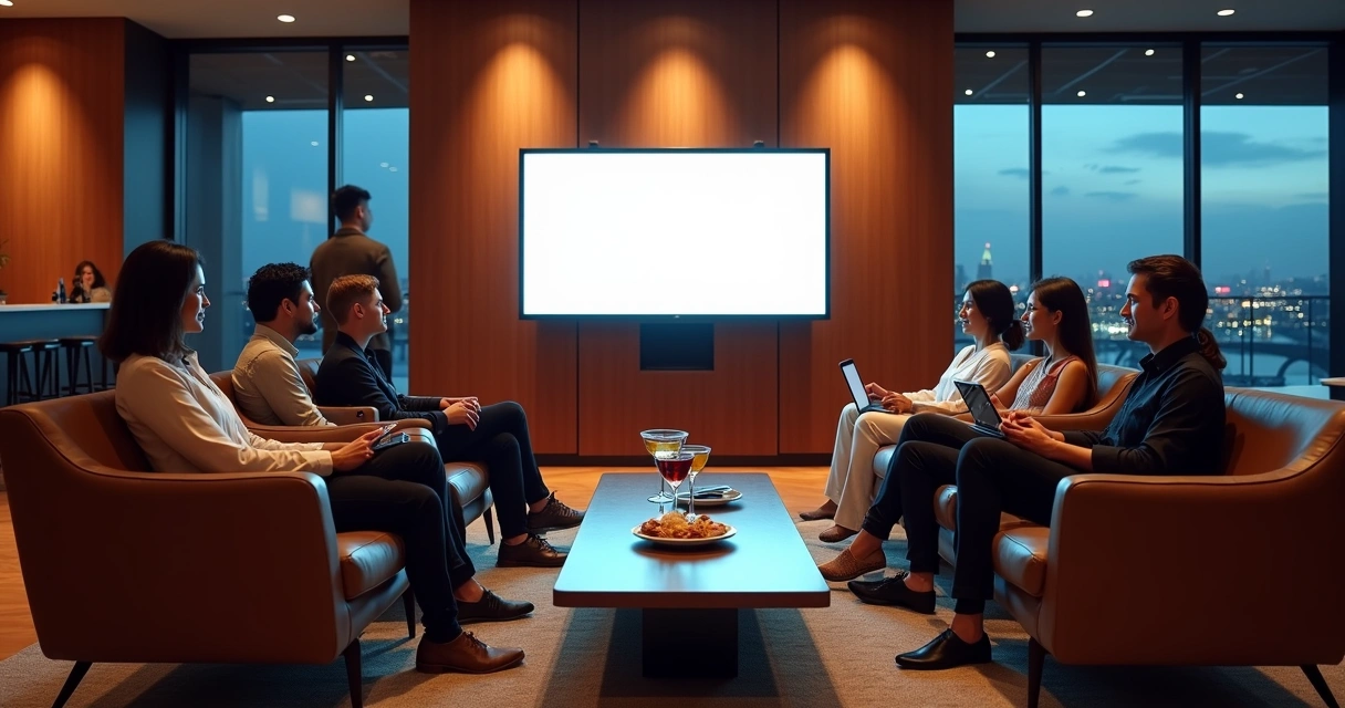 Grupo observando painel de mídia indoor em salão moderno 