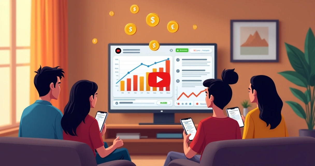 Pessoas assistindo vídeo pelo celular e interagindo com tela com gráficos de monetização 