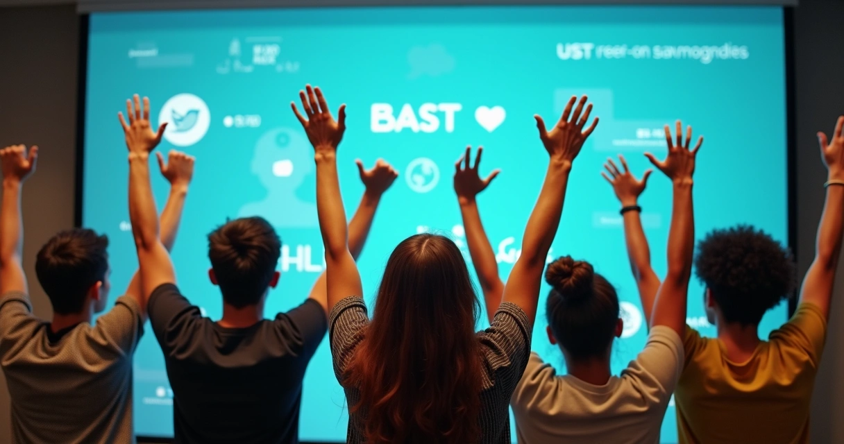 Pessoas diversas comemorando campanha sustentável com símbolo de curtida em rede social ao fundo 