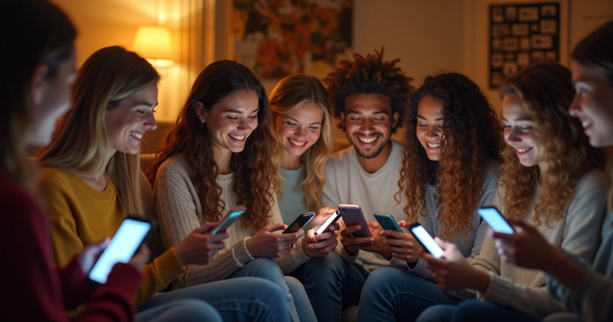 Pessoas interagindo com conteúdos em telas de celulares e tablets 